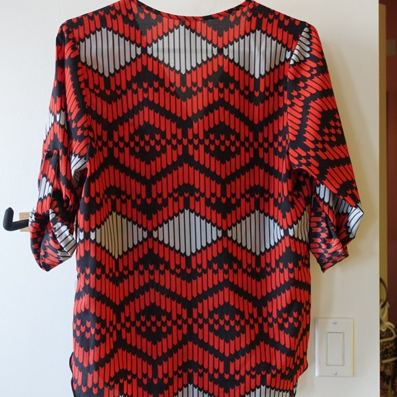 Poema geometric red grey black boho tunic top S SM Small - Picture 11 of 12